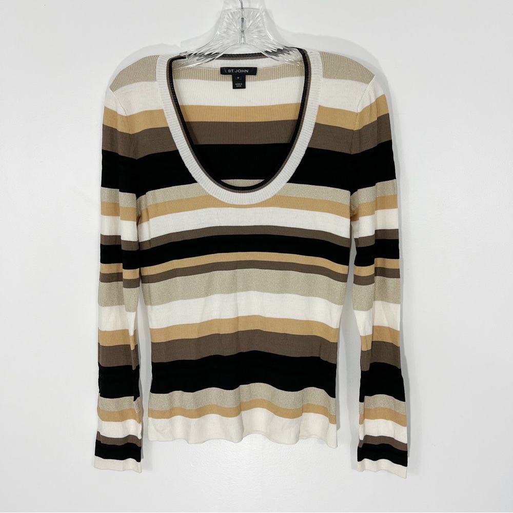 St. John Striped Metallic Knit Wool Blend Long Sleeve Top Size Medium
